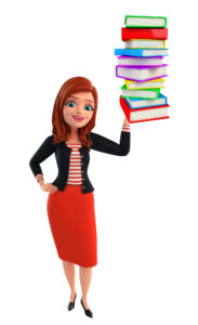 Illustration of corporate lady with pile of books